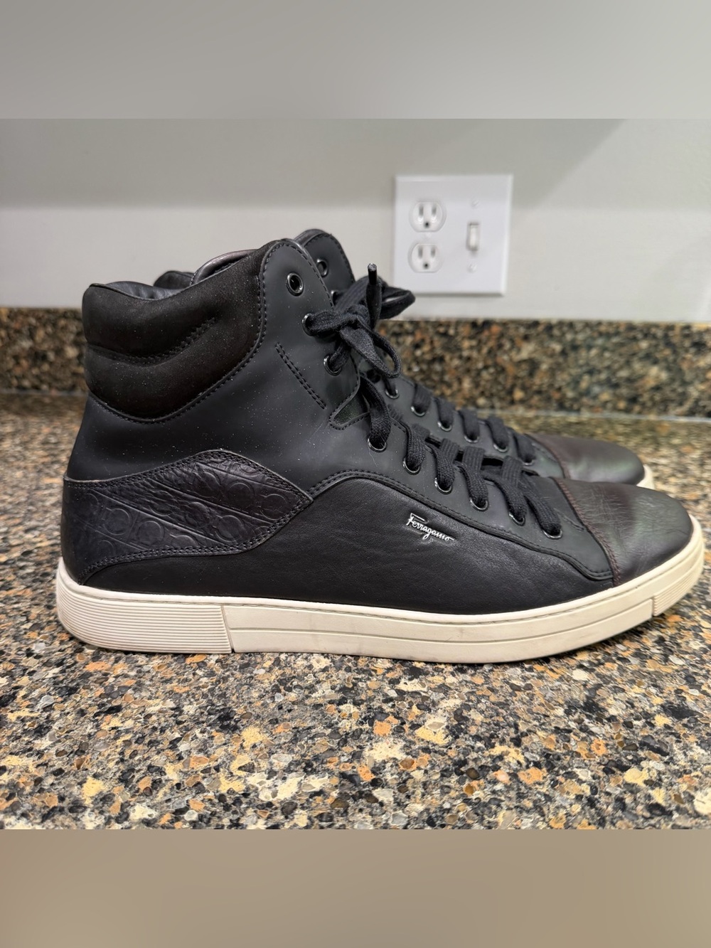 Salvatore Ferragamo Black Leather High-Top Sneakers with Cream Sole Mens 11D